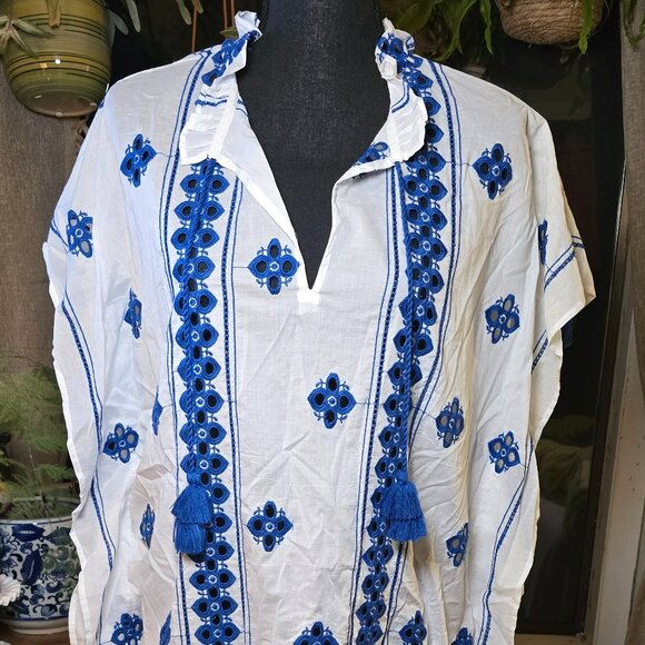 NWT J.Crew Embroidered Tassel Tunic White/Blue S - Picture 3 of 5